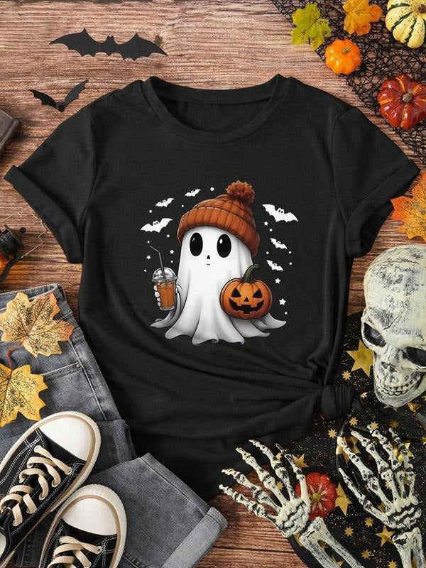 Women's Cartoon Ghost Print Round Neck Tee, Fashion Casual Short Sleeve T-shirt for Daily Wear, Ladies Summer Clothes...