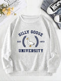 Women's Cartoon Goose & Letter Print Crew Neck Thermal Lined Sweatshirt, Casual Long Sleeve Pullover, Women's Fall &...