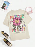 Women's Cartoon Graphic Print Round Neck Drop Shoulder Tee, Summer Clothes Women Casual Letter Print Short Sleeve T-Shirt...