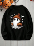 Women's Cartoon Halloween Ghost & Pumpkin Print Round Neck Sweatshirt, Cute Casual Long Sleeve Pullover for Daily Wear,...
