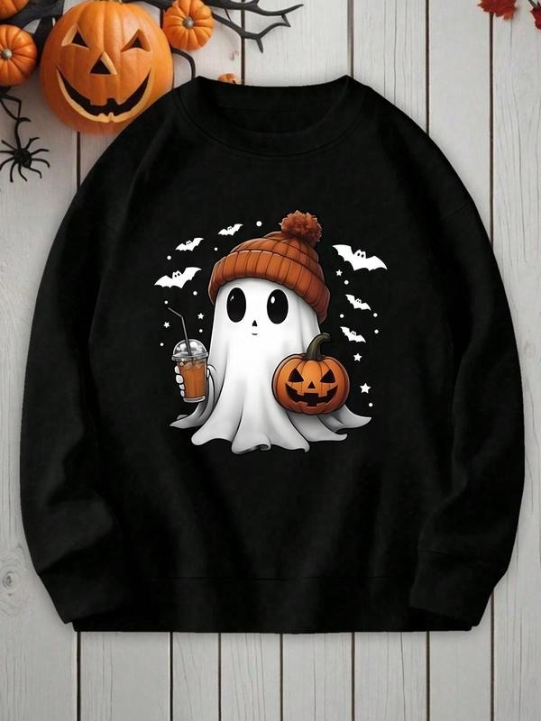 Women's Cartoon Halloween Ghost & Pumpkin Print Round Neck Sweatshirt, Cute Casual Long Sleeve Pullover for Daily Wear,...