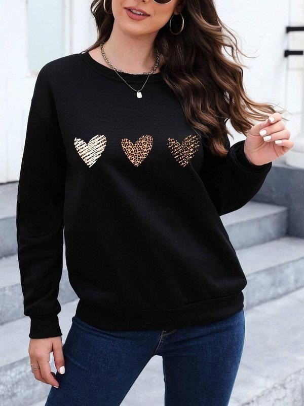 Women's Cartoon Heart Print Drop Shoulder Sweatshirt, Casual Long Sleeve Round Neck Pullover for Fall & Winter, Ladies...