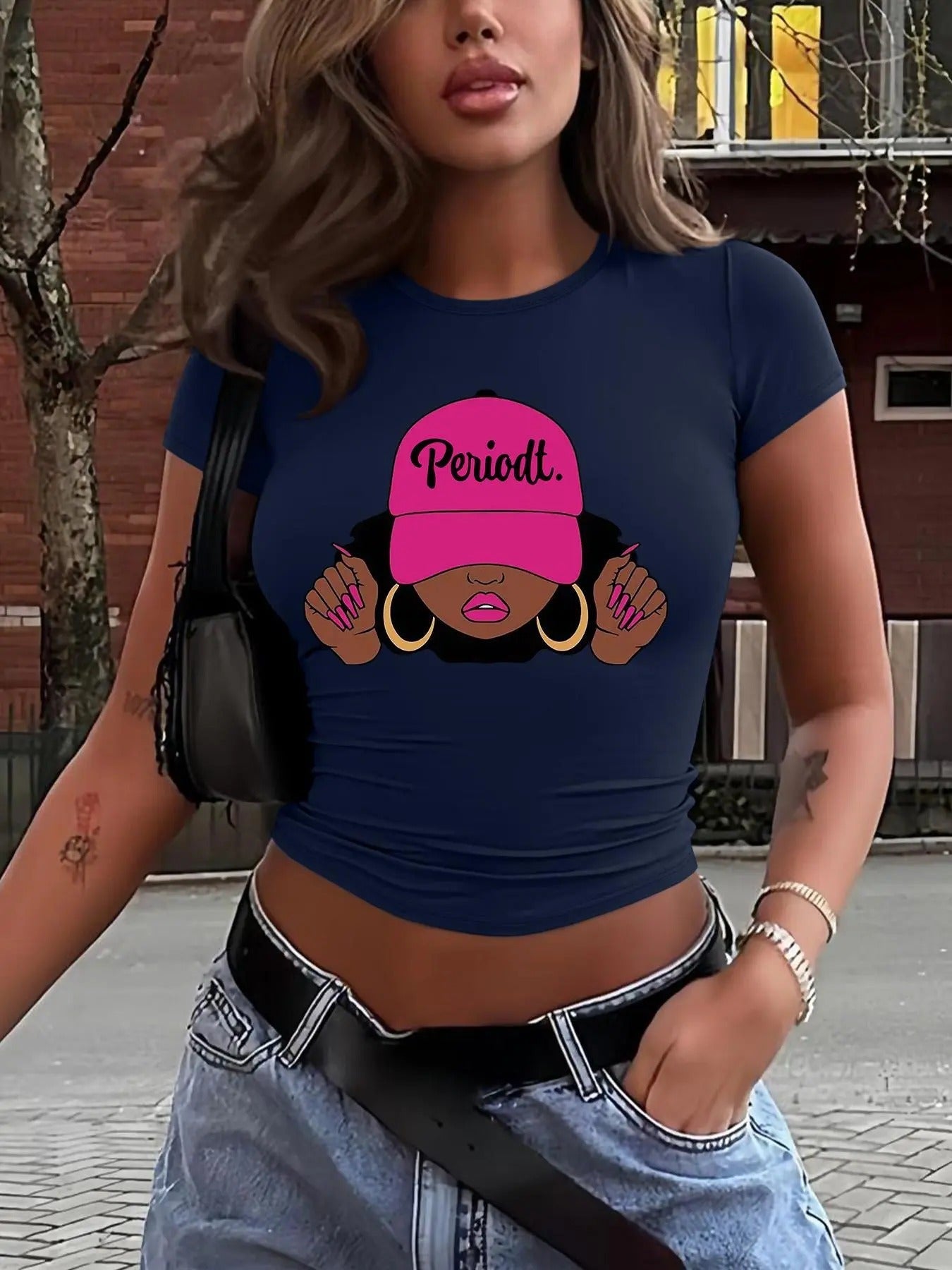 Women's Cartoon Print Round Neck Crop Tee, Fashion Casual Crew Neck Short Sleeve T-shirt for Daily Holiday Vacation...