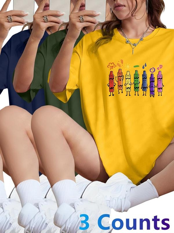 Women's Cartoon Print Round Neck Tee, Casual Short Sleeve T-shirt for Daily Wear, Ladies Clothes for All Seasons, Top...
