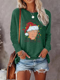 Women's Cartoon Santa Claus Print Round Neck Tee, Casual Long Sleeve Crew Neck T-shirt for Fall & Winter, Women's Top for...