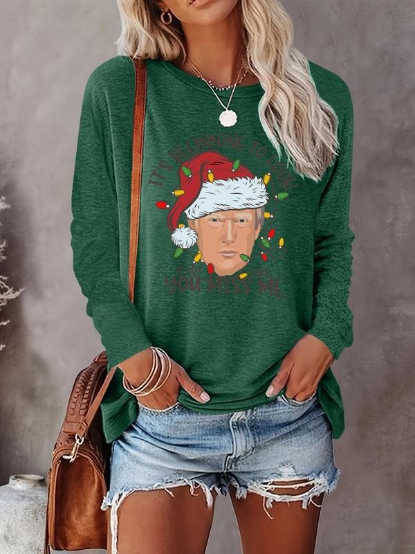 Women's Cartoon Santa Claus Print Round Neck Tee, Casual Long Sleeve Crew Neck T-shirt for Fall & Winter, Women's Top for...