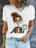 Women's Cartoon Skeleton Print Round Neck Tee, Fashion Casual Short Sleeve T-shirt for Halloween Daily Wear, Ladies...