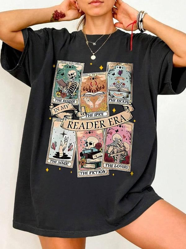 Women's Cartoon Skull & Letter Print Drop Shoulder Tee, Casual Half Sleeve Round Neck T-shirt for Daily Wear, Ladies...