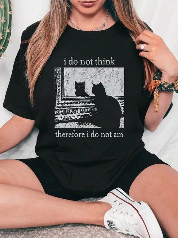 Women's Cat & Letter Print Round Neck Tee, Vintage Trendy Casual Short Sleeve T-shirt for Daily Wear, Ladies All Seasons...