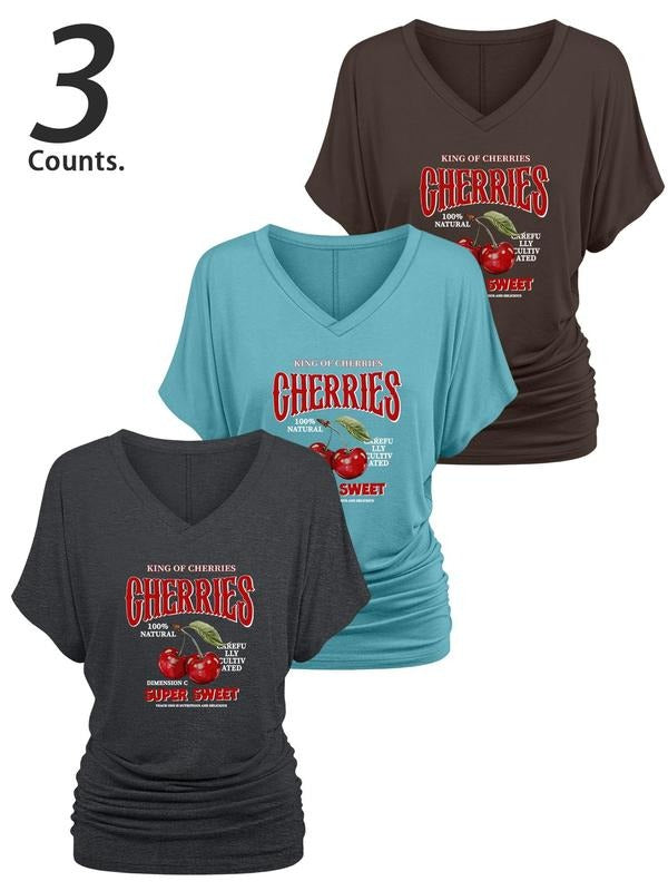 Women's Cherry & Letter Print V Neck Tee, Casual Short Sleeve T-shirt for Daily Wear, Ladies Clothes for All Seasons, Top...
