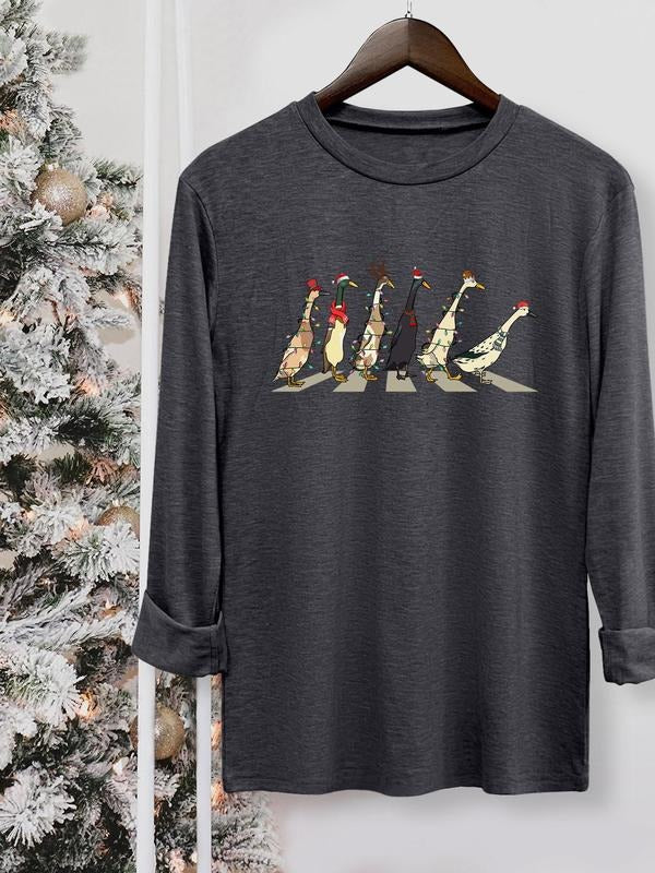 Women's Christmas Animal Print Round Neck Tee, Casual Long Sleeve Crew Neck T-shirt for Fall & Winter, Women's Top for...