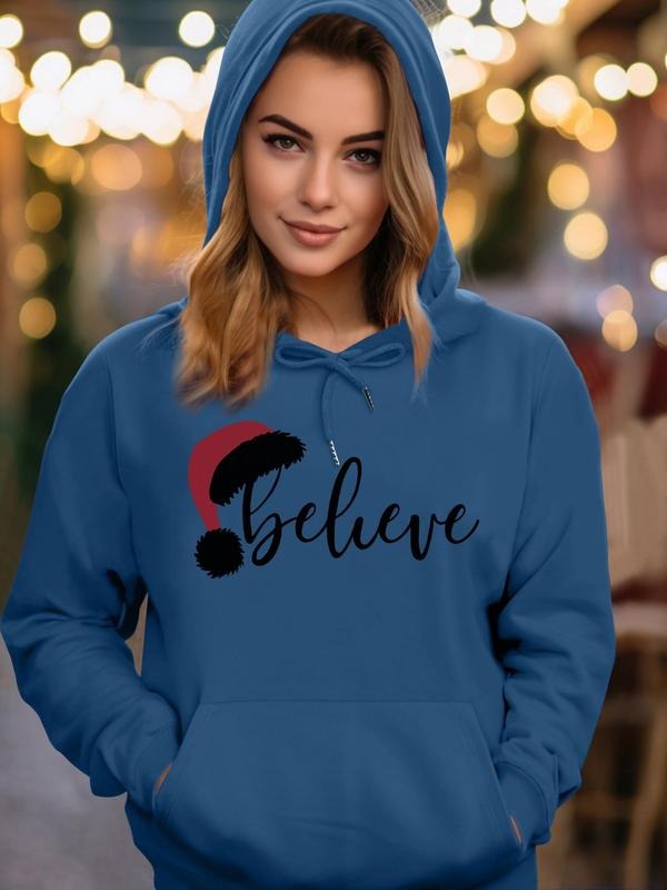 Women's Christmas Letter Print Drop Shoulder Long Sleeve Hoodie, Fashion Casual Drawstring Pocket Hooded Sweatshirt for...
