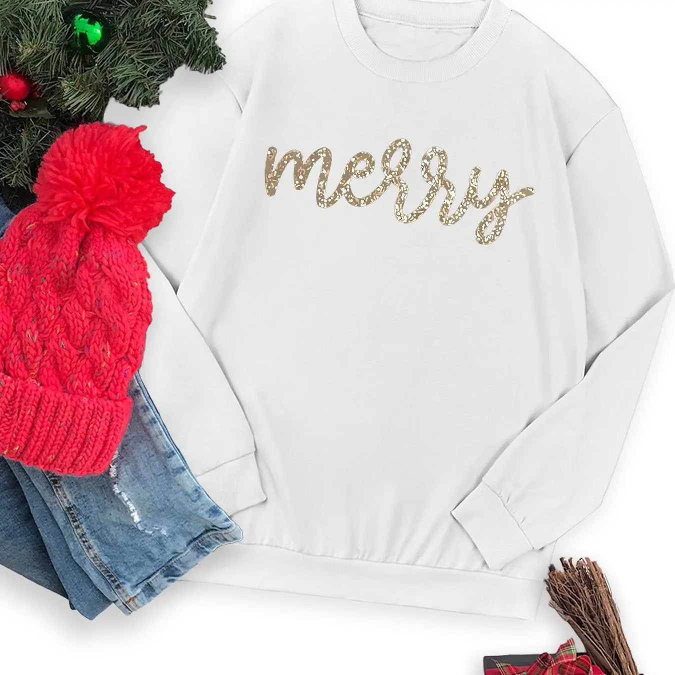 Women's Christmas Letter Print Drop Shoulder Sweatshirt, Casual Long Sleeve Round Neck Pullover for Fall & Winter, Ladies...