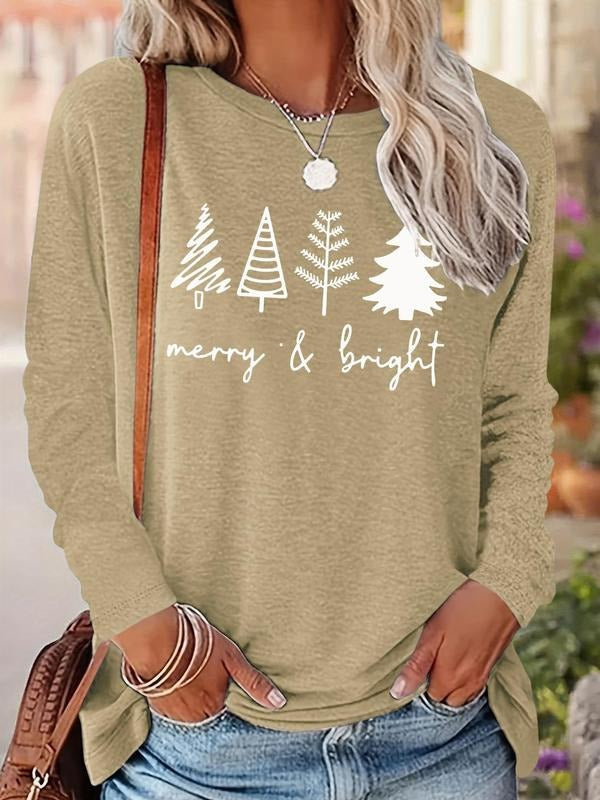 Women's Christmas Tree & Letter Print Drop Shoulder Tee, Casual Long Sleeve Round Neck Pullover for Fall & Winter,...