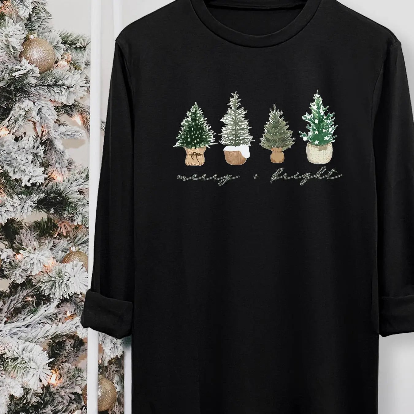 Women's Christmas Tree & Letter Print Round Neck Tee, Casual Long Sleeve Crew Neck T-shirt for Fall & Winter, Women's Top...
