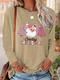 Women's Christmas Tree & Santa Claus Print Drop Shoulder Tee, Casual Long Sleeve Round Neck Pullover for Daily Wear,...
