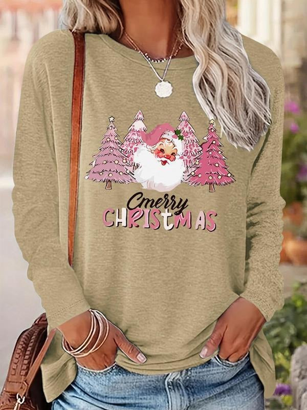 Women's Christmas Tree & Santa Claus Print Drop Shoulder Tee, Casual Long Sleeve Round Neck Pullover for Daily Wear,...