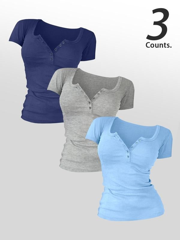 Women's Colorblock Round Neck Button Tee, Casual Short Sleeve T-shirt for Daily Wear, Ladies Clothes for All Seasons, Top...