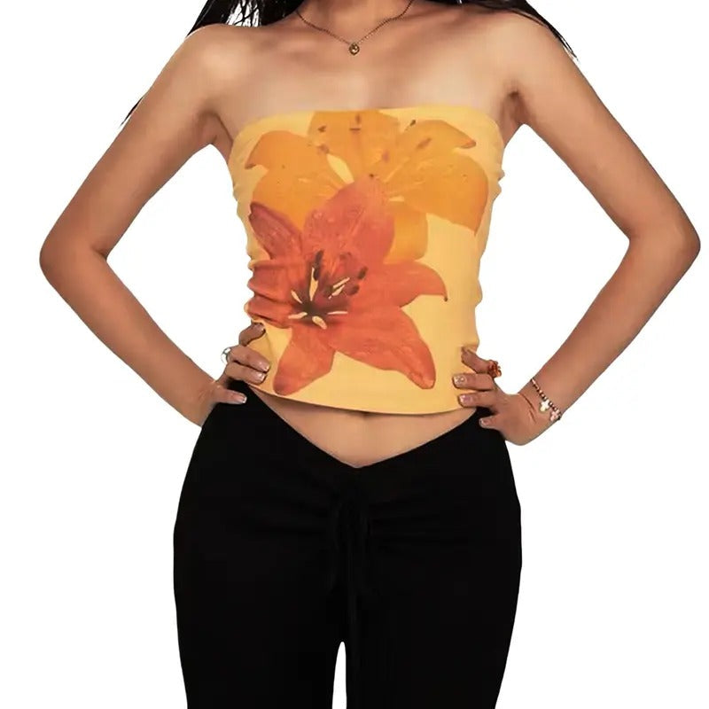 Women's Crop Tube Tops Slim Flower Print Off Shoulder Showing Navel Backless Sleeveless Shirt for Summer Lady Polyester...