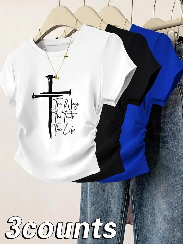 Women's Cross Print Round Neck Tee, Casual Short Sleeve T-shirt for Daily Wear, Ladies Clothes for All Seasons, Top...