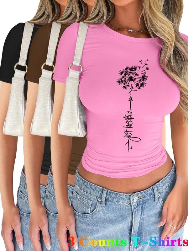 Women's Dandelion & Letter Print Short Sleeve Tee, Casual Round Neck T-shirt for Summer, Ladies Clothes for Daily Wear,...