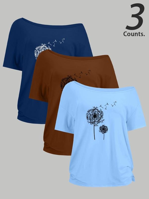 Women's Dandelion Print Curved Hem Tee, Casual Shoulder Pad Short Sleeve T-shirt for Summer, Ladies Clothes for Daily...