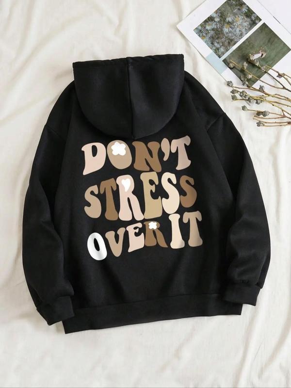 Women's Dont Stress Over It Print Drop Shoulder Hoodie, Fashion Casual Slogan Graphic Drawstring Pocket Hooded...