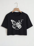 Women's Essnce Butterfly Print Round Neck Crop Tee, Casual Short Sleeve Crew Neck T-shirt for Summer, Fashion Women's Top...