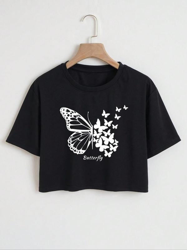 Women's Essnce Butterfly Print Round Neck Crop Tee, Casual Short Sleeve Crew Neck T-shirt for Summer, Fashion Women's Top...