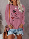 Women's Face Print Round Neck Sweatshirt, Casual Long Sleeve Crew Neck Pullover for Fall & Winter, Women's Clothes for...