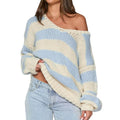 Women's Fall Striped Sweater Drop Shoulder Long Sleeve V-Neck Loose Knitted Tops T-Shirts, Hoodie, Sweatshirt | ZylaModa.com
