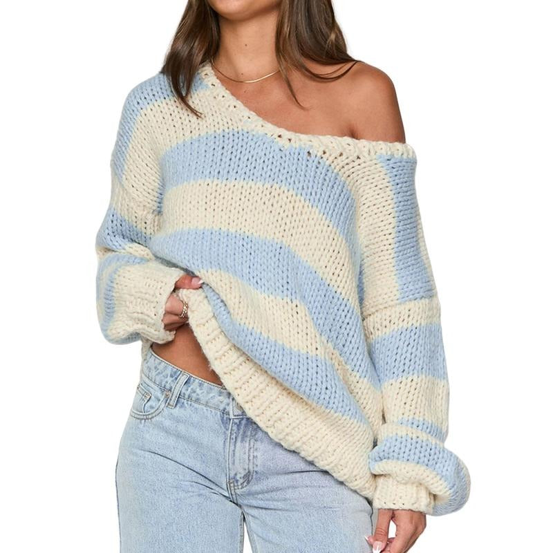 Women's Fall Striped Sweater Drop Shoulder Long Sleeve V-Neck Loose Knitted Tops T-Shirts, Hoodie, Sweatshirt | ZylaModa.com