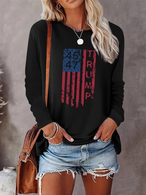 Women's Flag Letter Print Round Neck T-shirt, Casual Long Sleeve Crew Neck T-shirt for Daily Wear, Ladies Clothes for All...