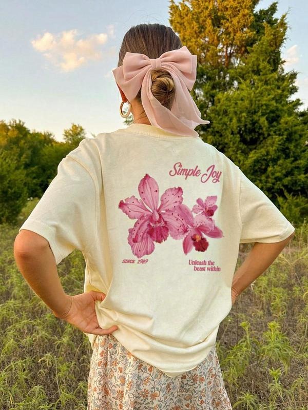 Women's Floral & Figure Print Round Neck Graphic Tee, Vintage Trendy Casual Short Sleeve T-shirt for Daily Wear, Ladies...