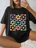 Women's Floral Print Round Neck Graphic Tee, Vintage Trendy Casual Drop Shoulder Half Sleeve T-shirt for Daily Wear,...