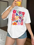 Women's Floral Print Round Neck Tee, Casual Short Sleeve Crew Neck T-Shirt for Daily Wear, Ladies Clothes for All...