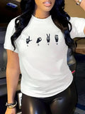 Women's Gesture & Letter Print Round Neck Tee, Fashion Casual Drop Shoulder Half Sleeve T-shirt for Daily Outdoor Wear,...