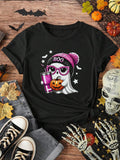 Women's Ghost Print Round Neck Graphic Tee, Vintage Trendy Casual Halloween Themed Short Sleeve T-shirt for Daily Wear,...