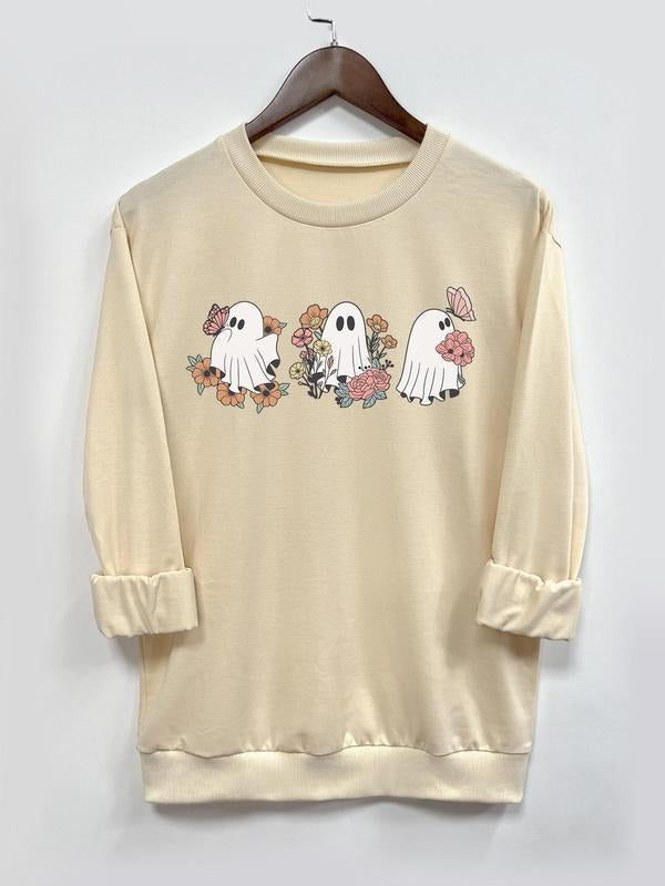 Women's Ghost Print Round Neck Sweatshirt, Casual Long Sleeve Crew Neck Pullover for Halloween Fall & Winter, Women's...