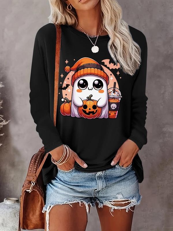 Women's Ghost Print Round Neck Tee, Halloween Theme Cute Casual Long Sleeve T-Shirt for Daily Holiday Vacation Outdoor...