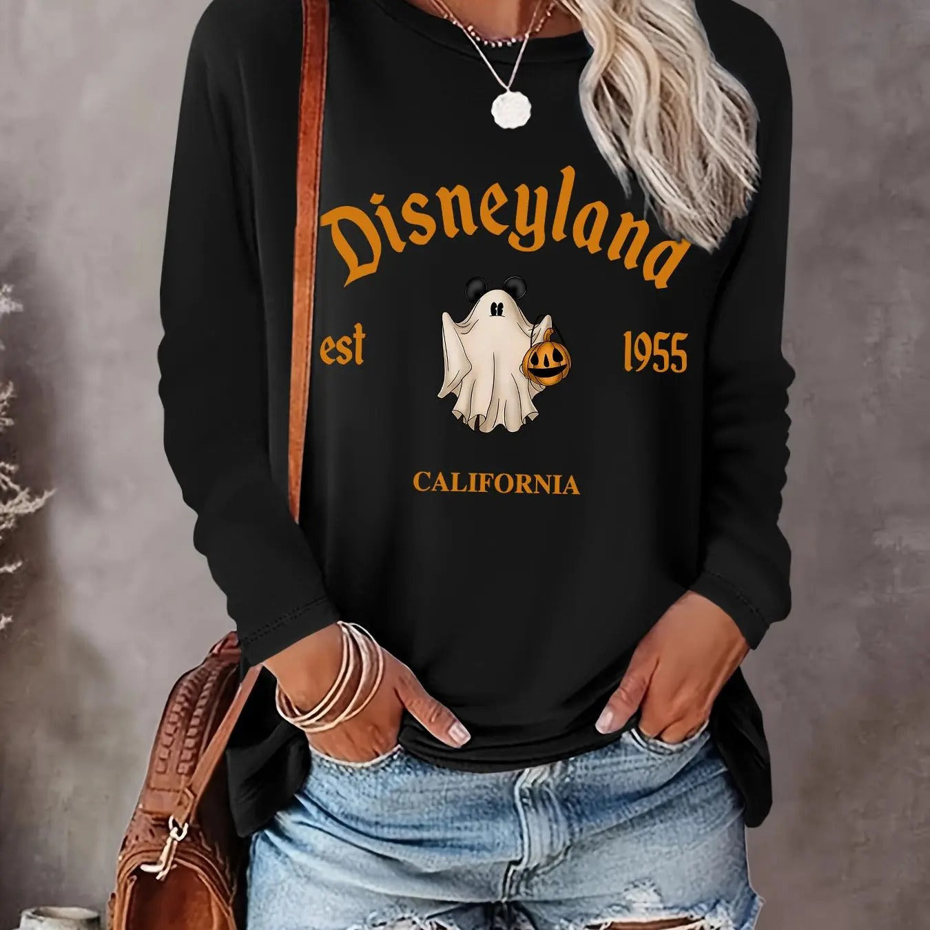 Women's Halloween Cartoon Ghost & Letter Print Drop Shoulder Sweatshirt, Casual Long Sleeve Round Neck Pullover for...