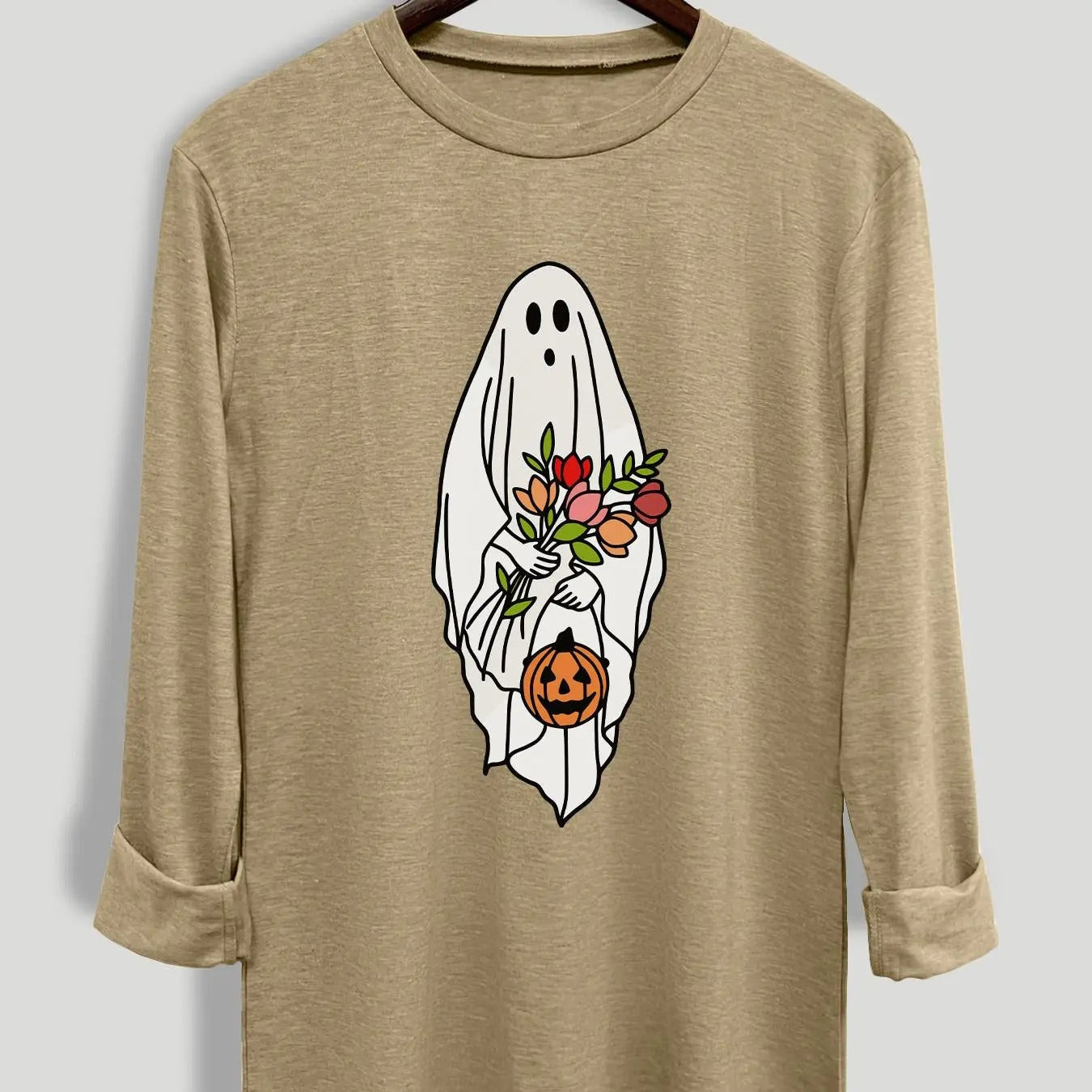 Women's Halloween Cartoon Ghost Print Round Neck Tee, Casual Long Sleeve Crew Neck T-shirt for Daily Wear, Women's...