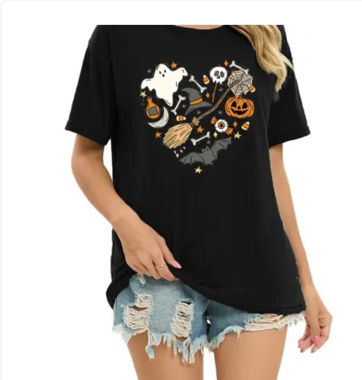 Women's Halloween Pumpkin & Ghost Print Shortsleeve Drop Shoulder Crewneck Tee, Summer Clothes Women, Casual Cute Graphic...