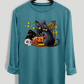 Women's Halloween Themed Cat & Pumpkin Print Tee, Cute Casual Long Sleeve Round Neck T-Shirt for Daily Wear, Women...