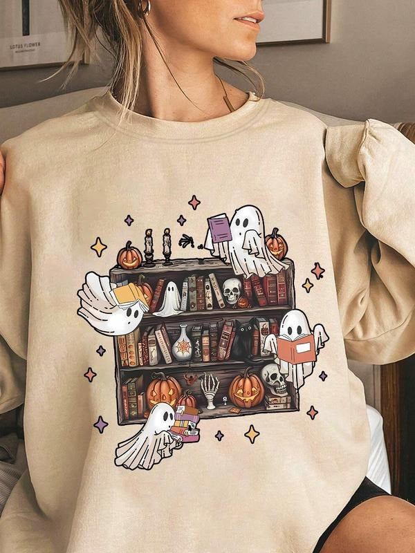 Women's Halloween Themed Ghost & Book Print Thermal Lined Sweatshirt, Casual Long Sleeve Round Neck Pullover for Daily...