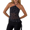 Women's Halter Tops Slim Fit See Through Sleeveless Backless Irregular Hem Flower Print Crop Tops for Summer Lady...