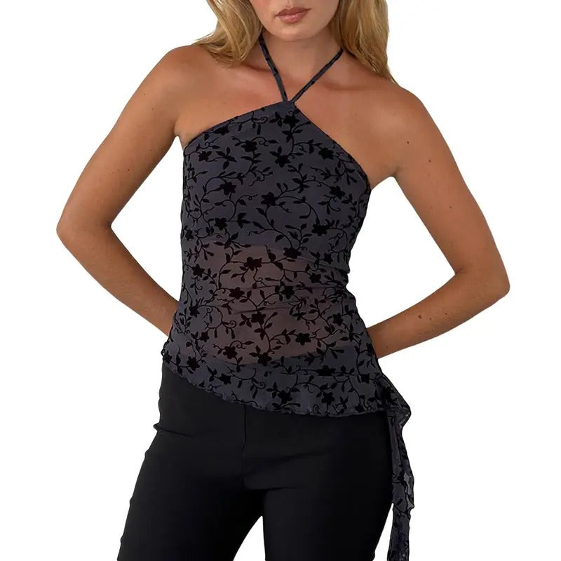Women's Halter Tops Slim Fit See Through Sleeveless Backless Irregular Hem Flower Print Crop Tops for Summer Lady...