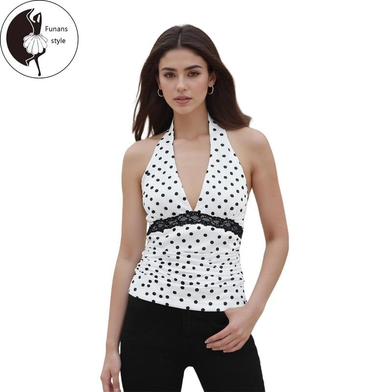 Women's Halter Tops Stylish Dot Print Backless V Neck SleevelessFit Vest for Summer& Spring T-Shirts, Hoodie, Sweatshirt