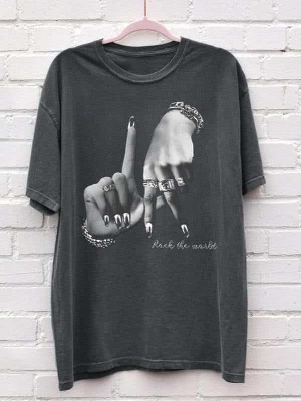 Women's Hand & Letter Print Round Neck Tee, Fashion Casual Crew Neck T-shirt for Daily Holiday Vacation Outdoor Wear,...