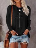Women's Heart & Cross Print Round Neck Tee, Casual Long Sleeve Crew Neck T-shirt for Spring & Fall, Fashion Women's Top...